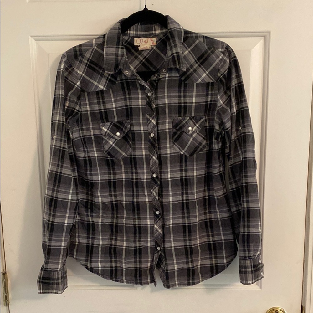 OP Western Costal Cowgirl long sleeve snap front Plaid Shirt